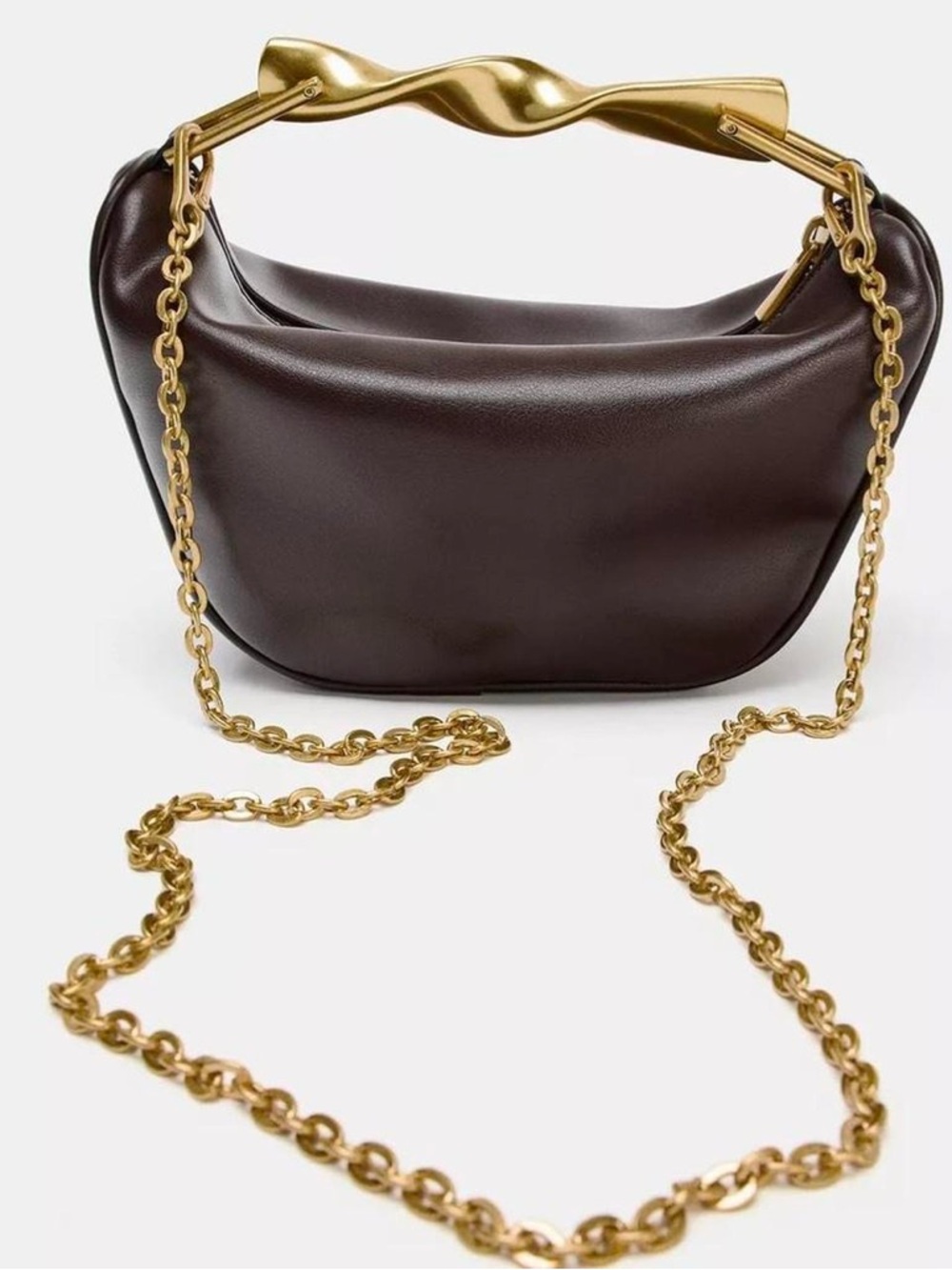 Zara Rich Brown Mini Bag with Sculpted Gold Handle - Picture 5 of 7